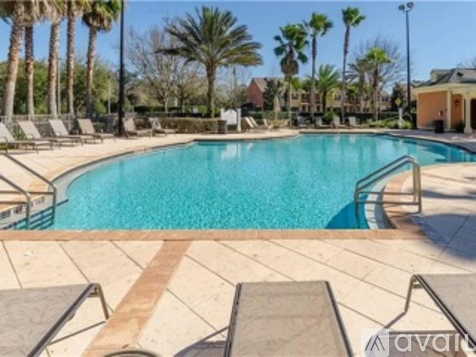 A pool surrounded by palm trees and lounge chairs.