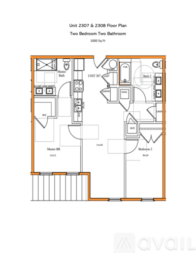 A floor plan for a 1000 square foot unit with two bedrooms and two bathrooms.