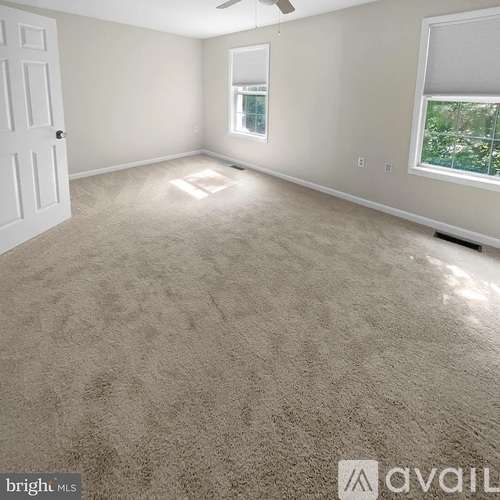 A bright, empty room with a carpeted floor and a window.