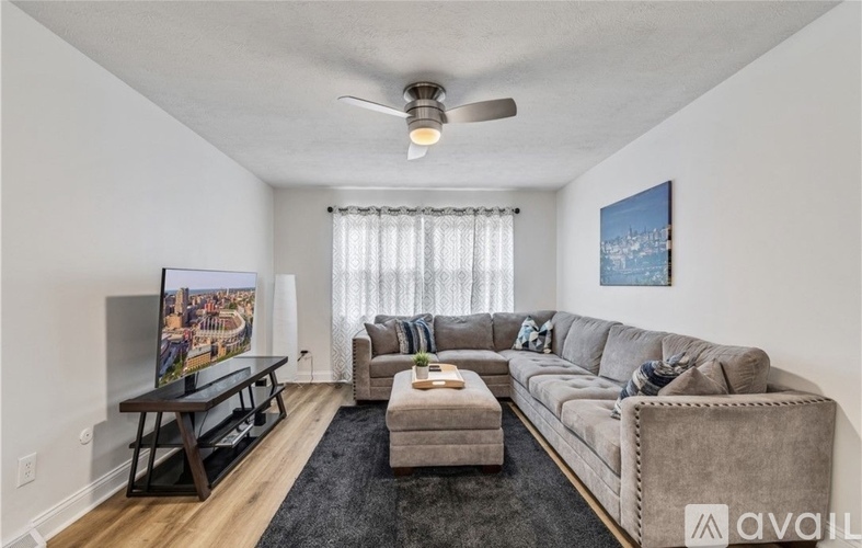 A living room with a grey couch, a black rug, a wooden coffee table, and a flat screen TV.