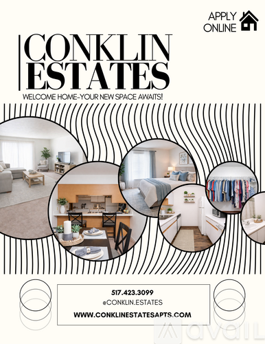 A real estate advertisement for Conklin Estates showcasing various home interiors.