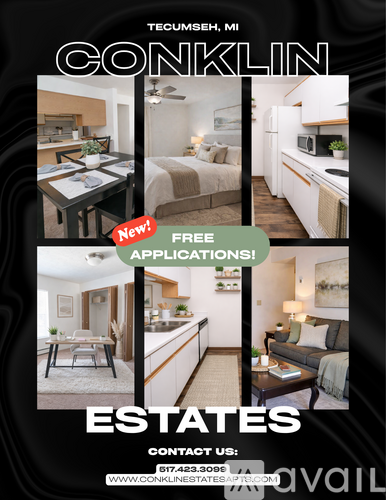 A flyer for Conklin Estates in Tecumseh, MI, advertising free applications.