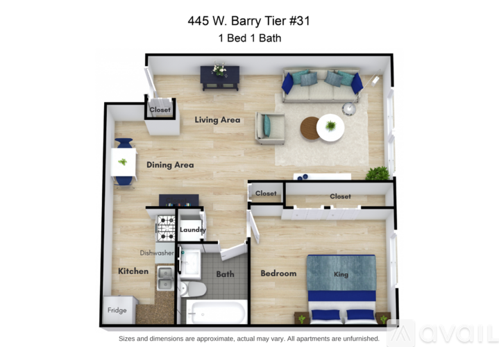 Floor plan of a 1 bedroom apartment.