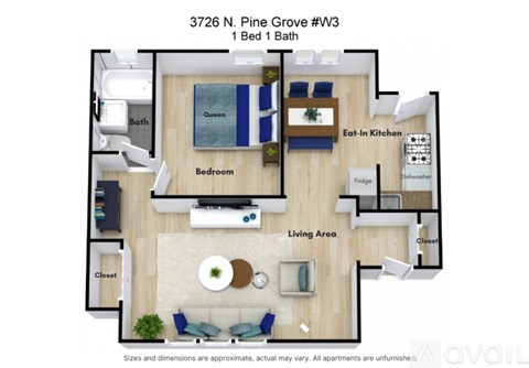 A floor plan of a one bedroom apartment with a living area.