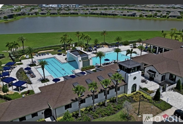 A large house with a pool and palm trees.