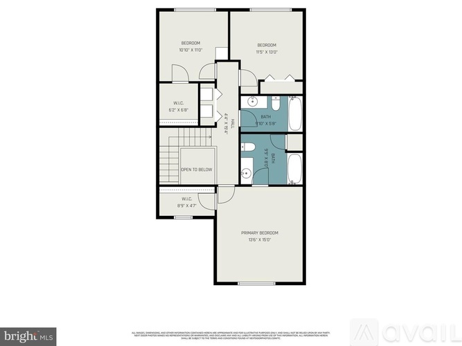 A floor plan for an apartment with two bedrooms and two bathrooms.
