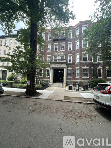 A large tree stands in front of a brown building with a white car parked in front of it.