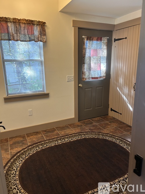 A hallway with a brown rug and a wooden door.
