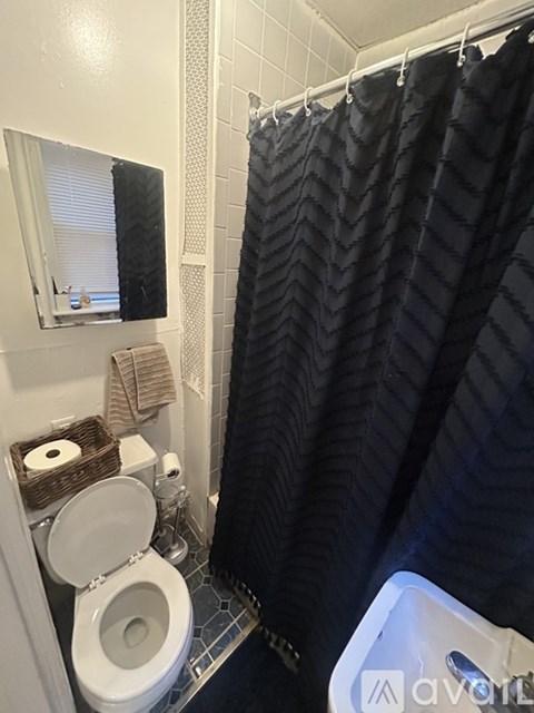 A bathroom with a toilet, a shower curtain, and a mirror.