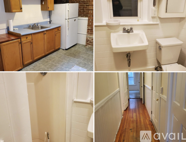 A kitchen with wooden cabinets and a white fridge, a bathroom with a white sink and toilet, and a hallway with wooden floors and white walls.