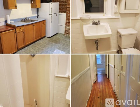 A kitchen with wooden cabinets and a white fridge, a bathroom with a white sink and toilet, and a hallway with wooden floors and white walls.