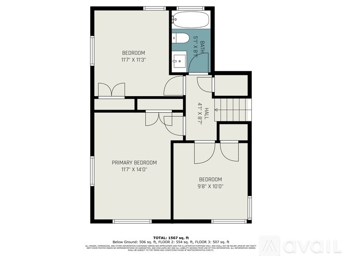 A floor plan of an apartment with three bedrooms and a total area of 567 square feet.