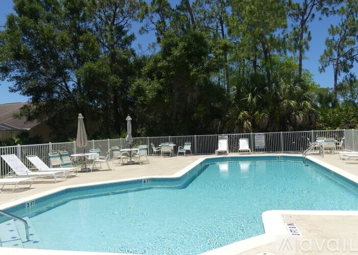 A pool surrounded by trees and chairs.