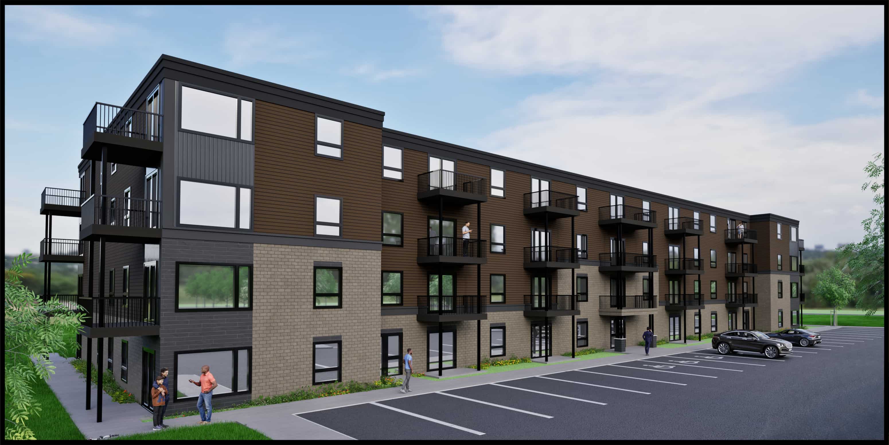 A modern apartment complex with a parking lot in front.