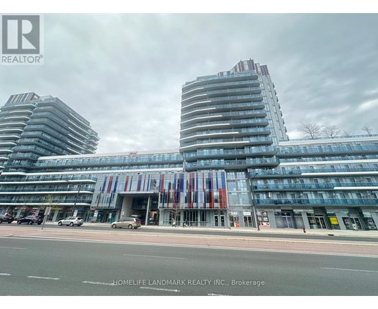 A modern building with a glass facade and a sign that reads "HOMELIFE LANDMARK REALTY INC. Brokerage".