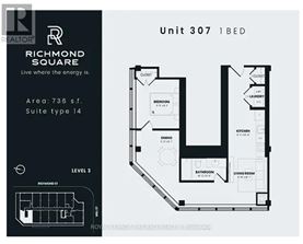 A black and white image of a floor plan for a 1 bedroom apartment in Richmond Square.