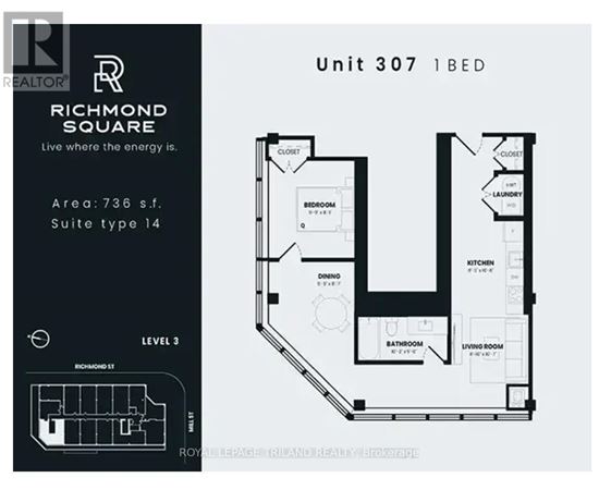 A black and white image of a floor plan for a 1 bedroom apartment in Richmond Square.
