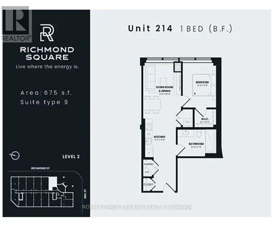 A black and white image of a floor plan for a 1 bedroom apartment in Richmond Square.