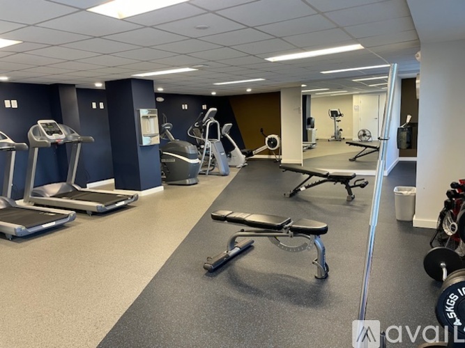 A gym with treadmills, exercise bikes, and weights.