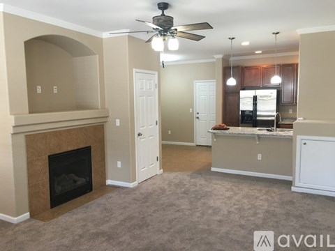 A living room with a fireplace and a kitchen area in the background.