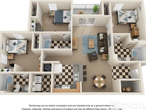 A 3D floor plan of a house with a kitchen, living room, and two bedrooms.