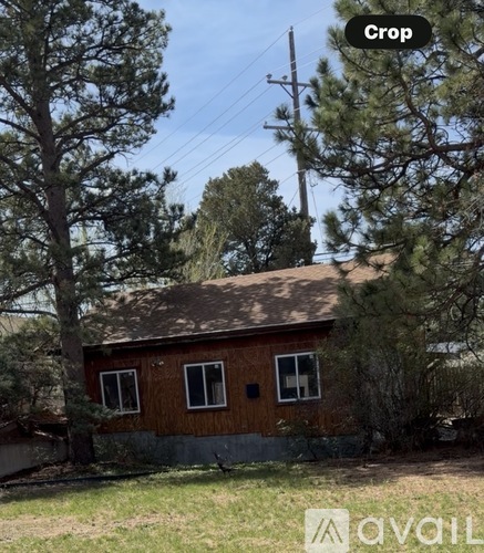 A house with a brown roof and a brown door is surrounded by trees.