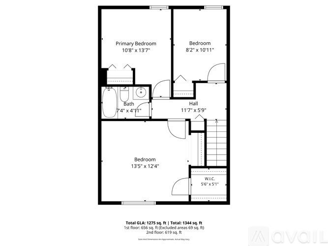 A floor plan of a two-bedroom apartment with a total area of 1275 sq ft.