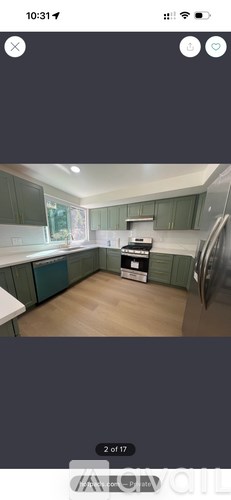 A kitchen with green cabinets and a white countertop.