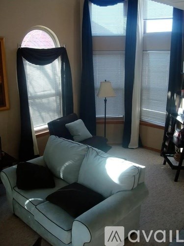 A living room with a white couch and a window with blue curtains.