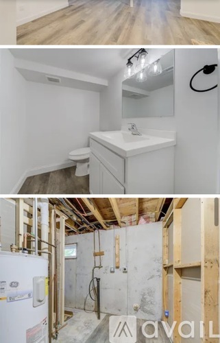 A bathroom with a toilet, sink, and a wall with exposed pipes.