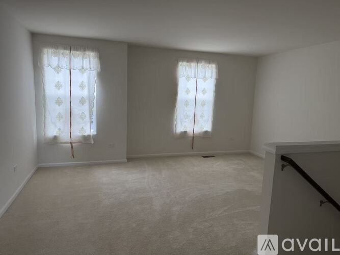 A room with two windows and carpeted floor.