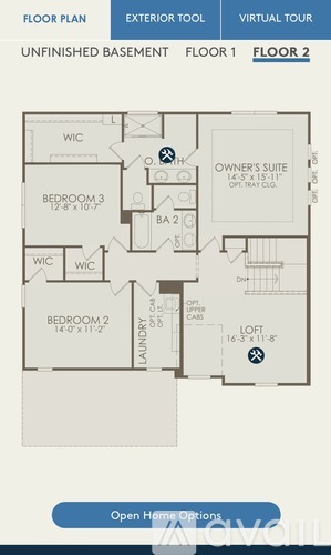 A floor plan for an unfinished basement with two floors, an owner's suite, and three bedrooms.