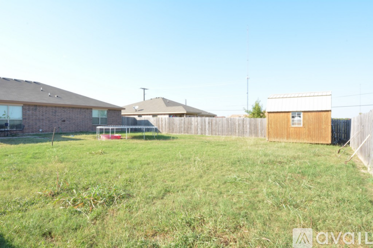 A backyard with a wooden fence and a small building.