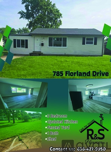 A real estate flyer for a house at 785 Florland Drive, featuring a 3 bedroom, updated kitchen, fenced yard, 1 bath, and shed.