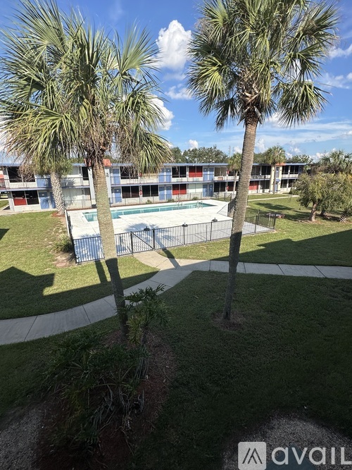A swimming pool surrounded by a fence and palm trees.