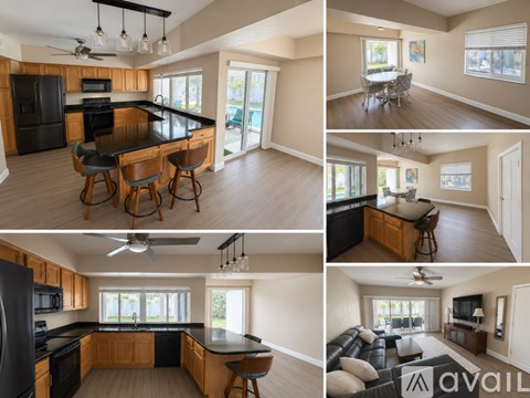 A collage of images showcasing a modern kitchen and living room.