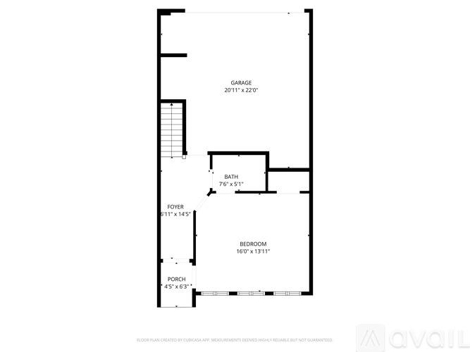 A floor plan for a garage apartment with a porch and a bedroom.