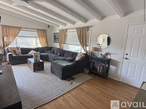 A living room with a grey sofa and a grey rug.