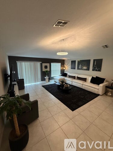 A living room with a white couch and a black rug.