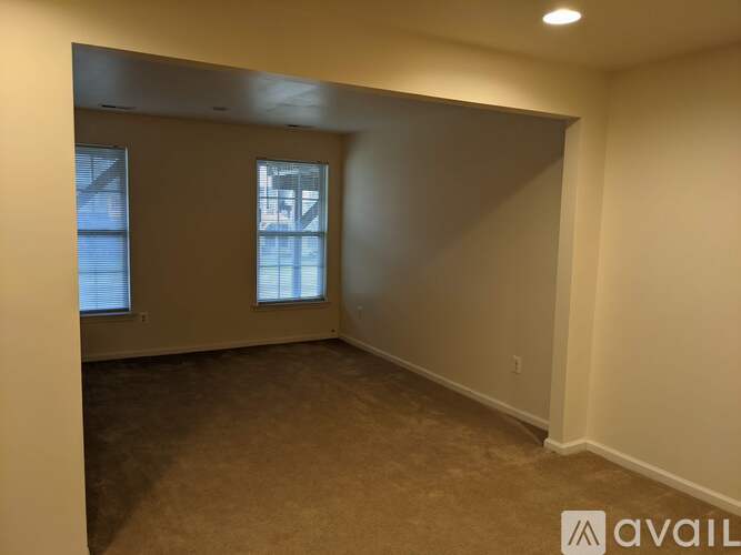 A room with a carpeted floor and two windows.