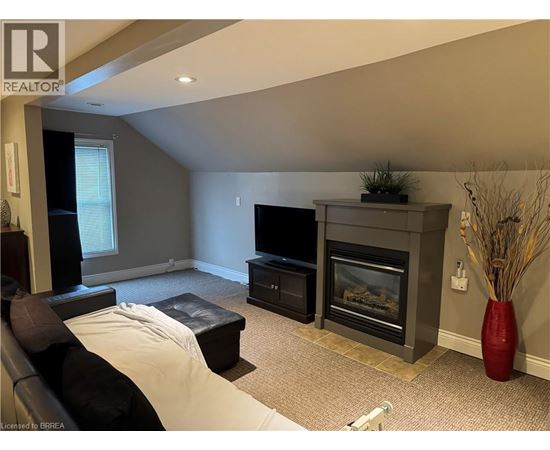 A living room with a fireplace and a television.