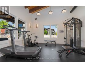 A gym with a treadmill, weights, and exercise equipment.