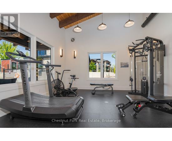 A gym with a treadmill, weights, and exercise equipment.