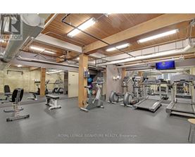 A gym with a variety of equipment including treadmills, weights, and exercise machines.