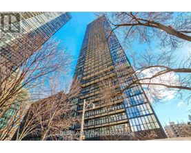 A tall building with many windows is surrounded by bare trees.