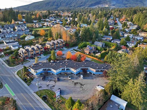 A small town with a large building in the center.