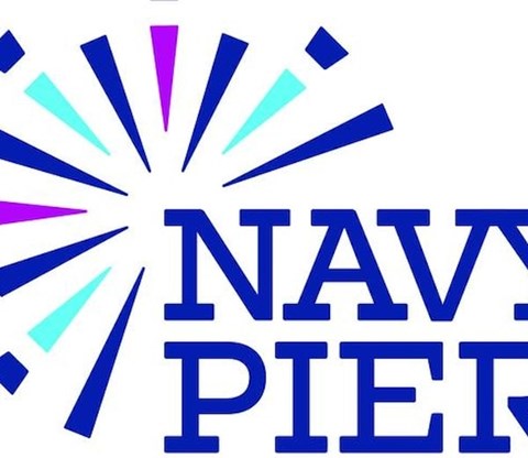 The image features the words "NAVY PIER" in bold blue letters with a colorful burst design behind it.