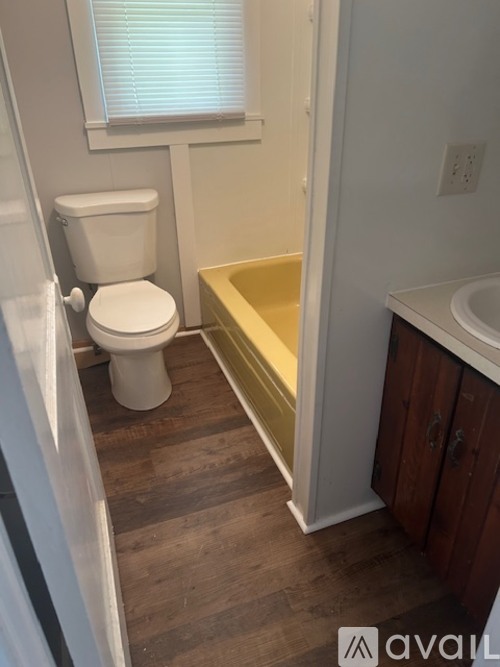 A bathroom with a toilet, sink, and wooden floor.