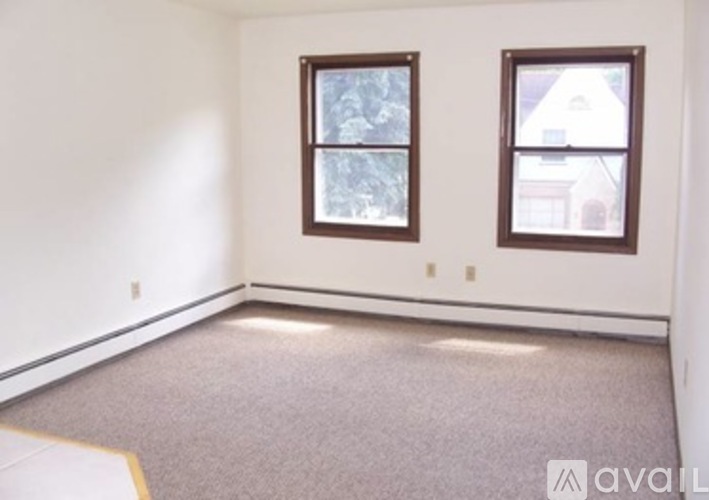 A room with two windows and carpeted floor.