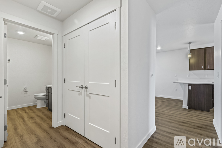 A white bathroom with a toilet and a white door.